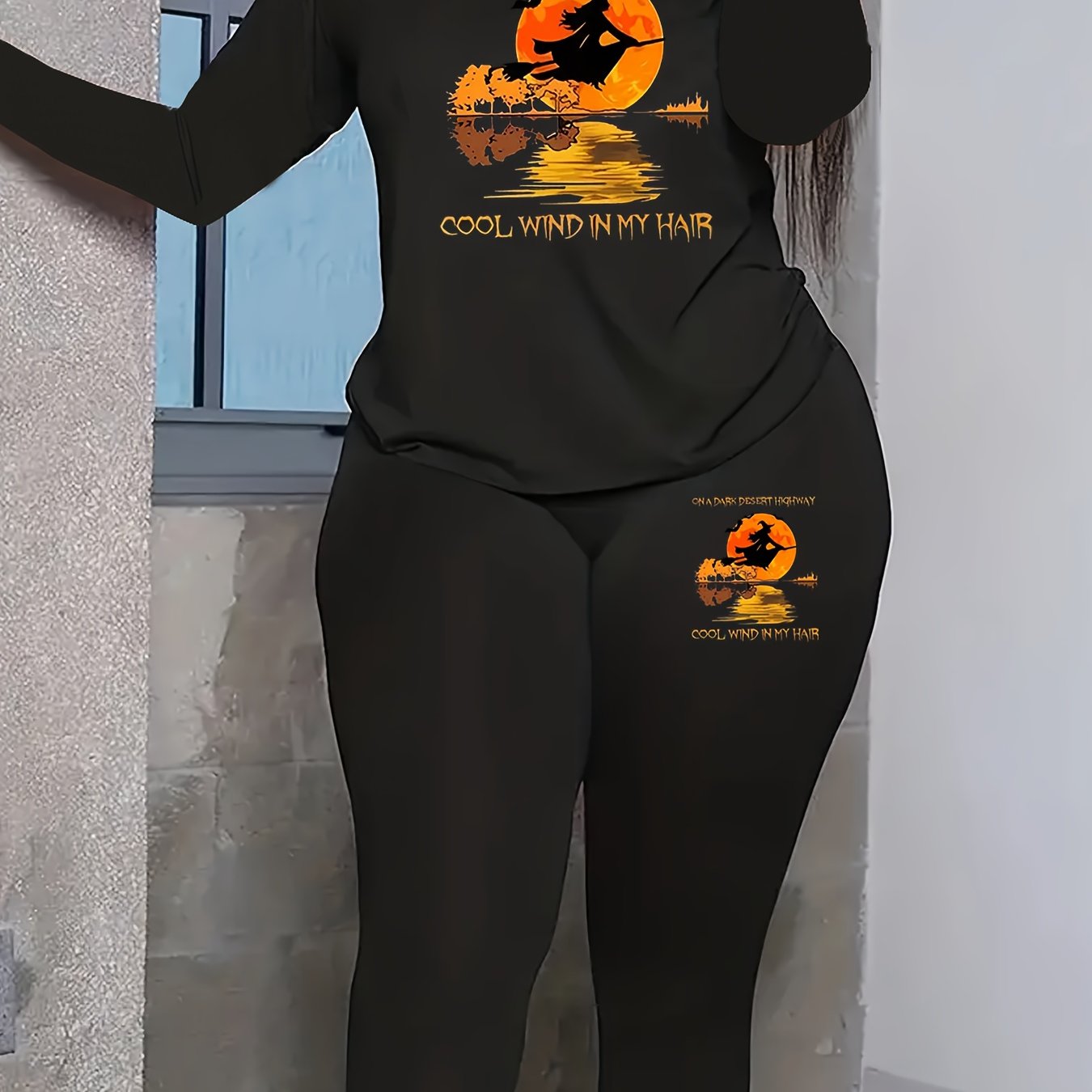 Halloween Gothic Outfits Women's Witch Tee & Leggings Set