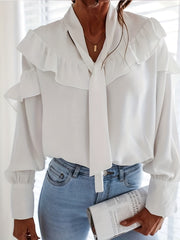Casual Blouse Women's Plus Ruffle Trim Long Sleeve Loose Fit Shirt