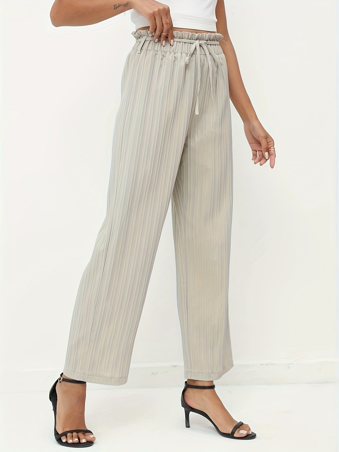 Solid Lace Up Wide Leg Pants Casual Paper Bag Waist