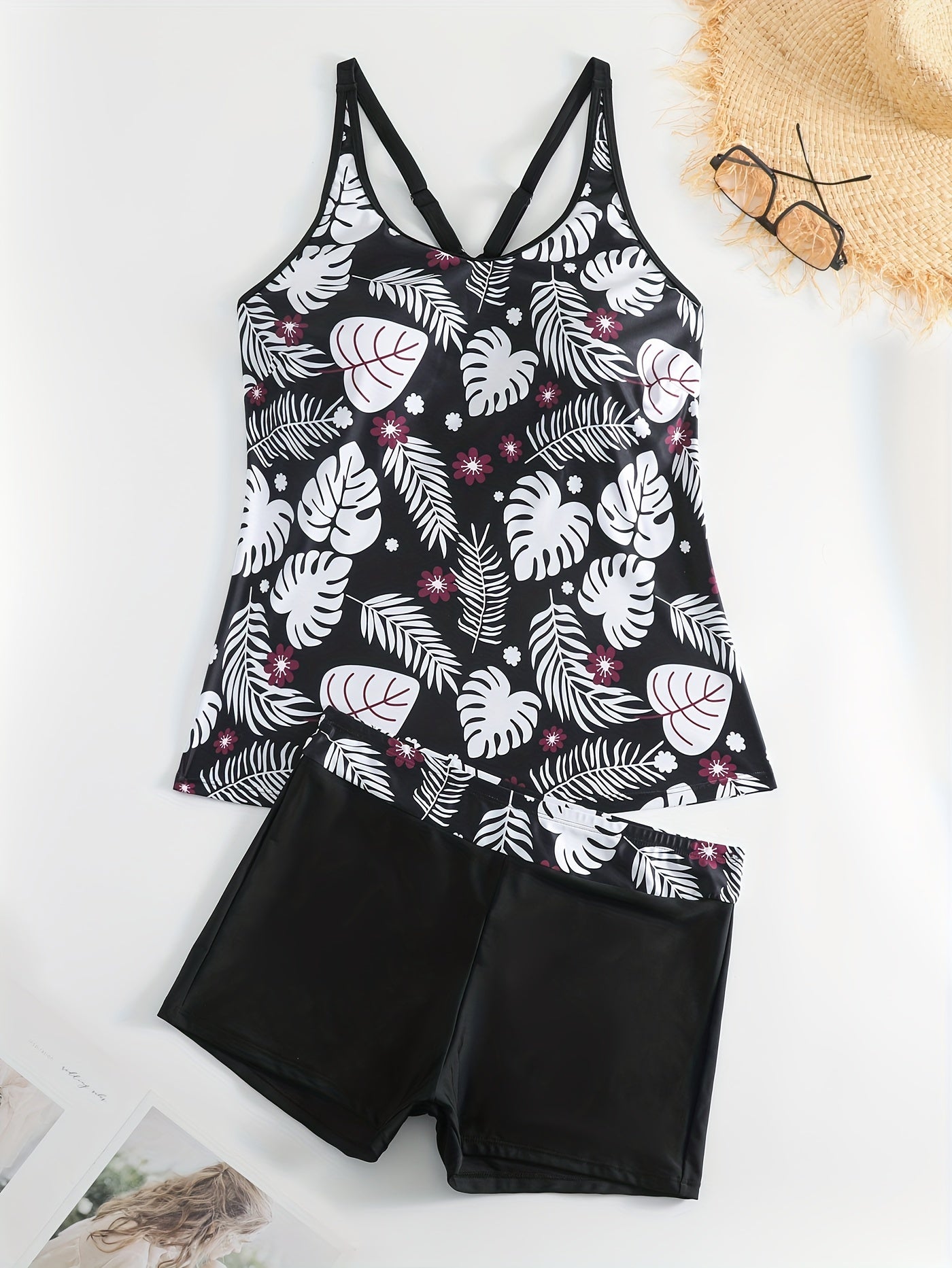 Tropical Print Tankini Set Crisscross Back Cami Top & Shorts