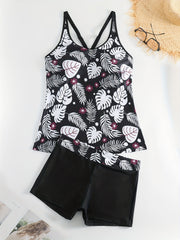Tropical Print Tankini Set Crisscross Back Cami Top & Shorts