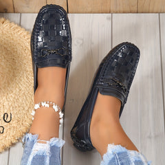 Women's Metallic Chain Decor Loafers Slip On Round Toe Low Soft Non slip Shoes