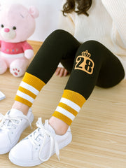 Girls Soft Fleece Leggings Footless Tights Number Print Striped Pants