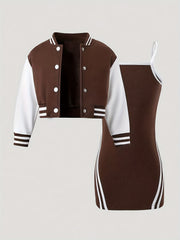 2pcs Girls Splicing Button Front Long Sleeve Jacket Solid Bodycon Dress