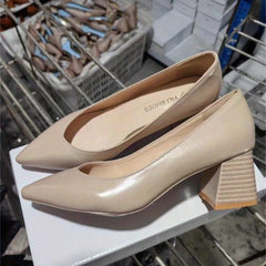Block Heel Pointed Toe Court Pumps Soft Sole Slip On Stacked Heels