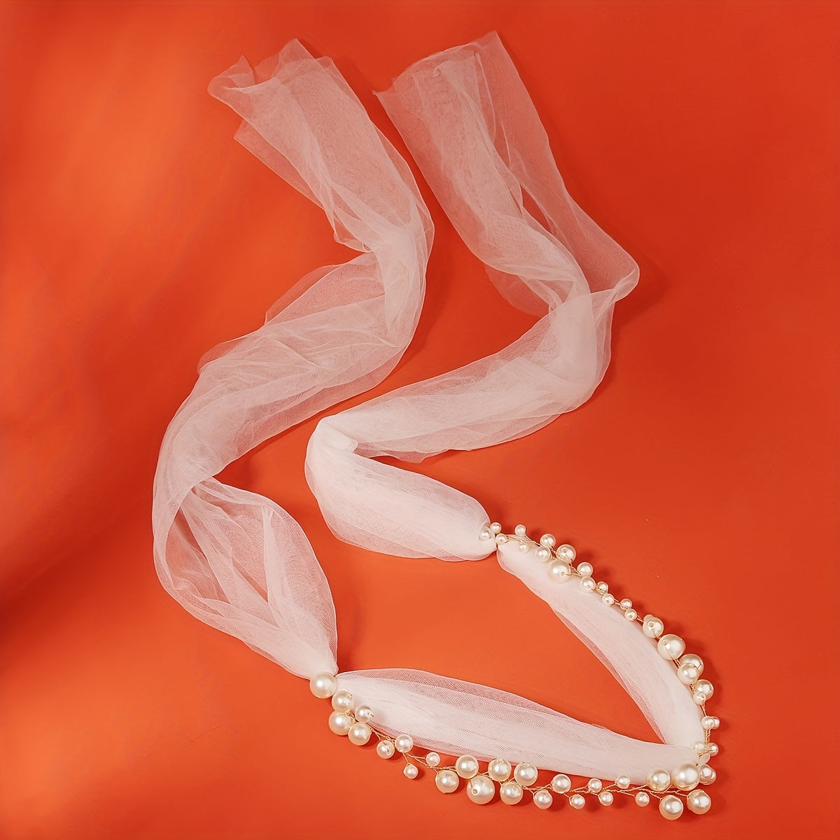 Mesh Long Headband With Faux Pearl Bridal Hair Band