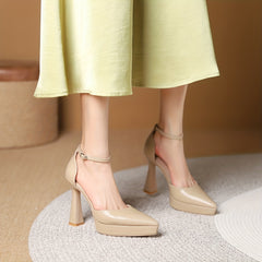 Solid Block Heels Point Toe Dress Pumps with Buckle Strap