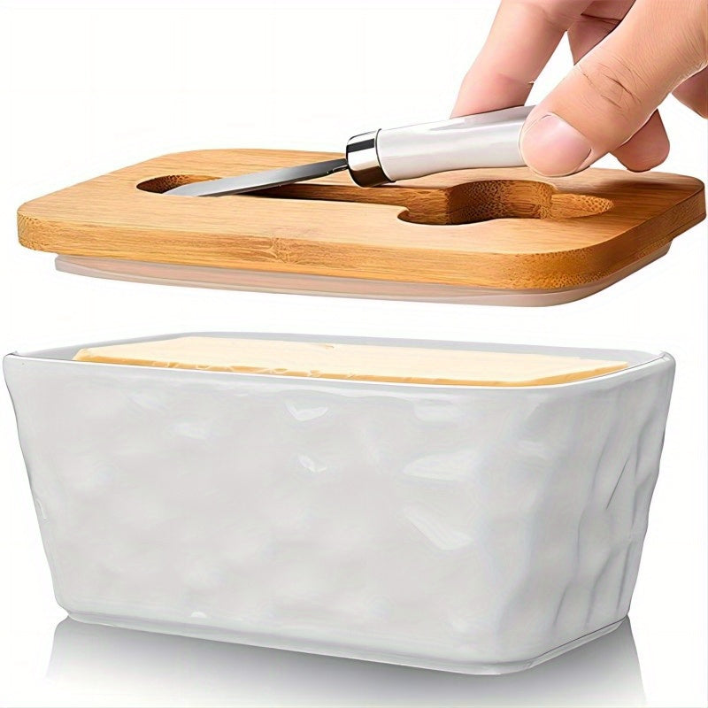 Ceramic Butter Dish with Stainless Steel Saucer and Wooden Lid