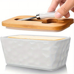 Ceramic Butter Dish with Stainless Steel Saucer and Wooden Lid