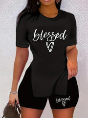 Letter Print Short Sleeve T-shirt & Skinny Shorts Set