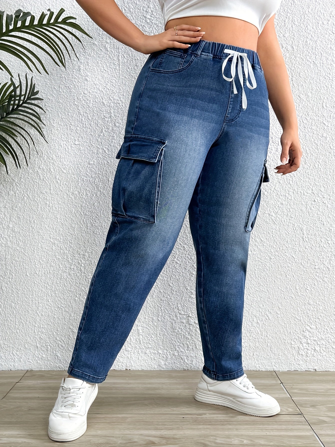 High Stretch Cargo Jeans Elastic Waist Plus Drawstring Retro