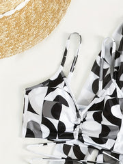 Graphic Print Lace Up Ruched Swimsuit Set