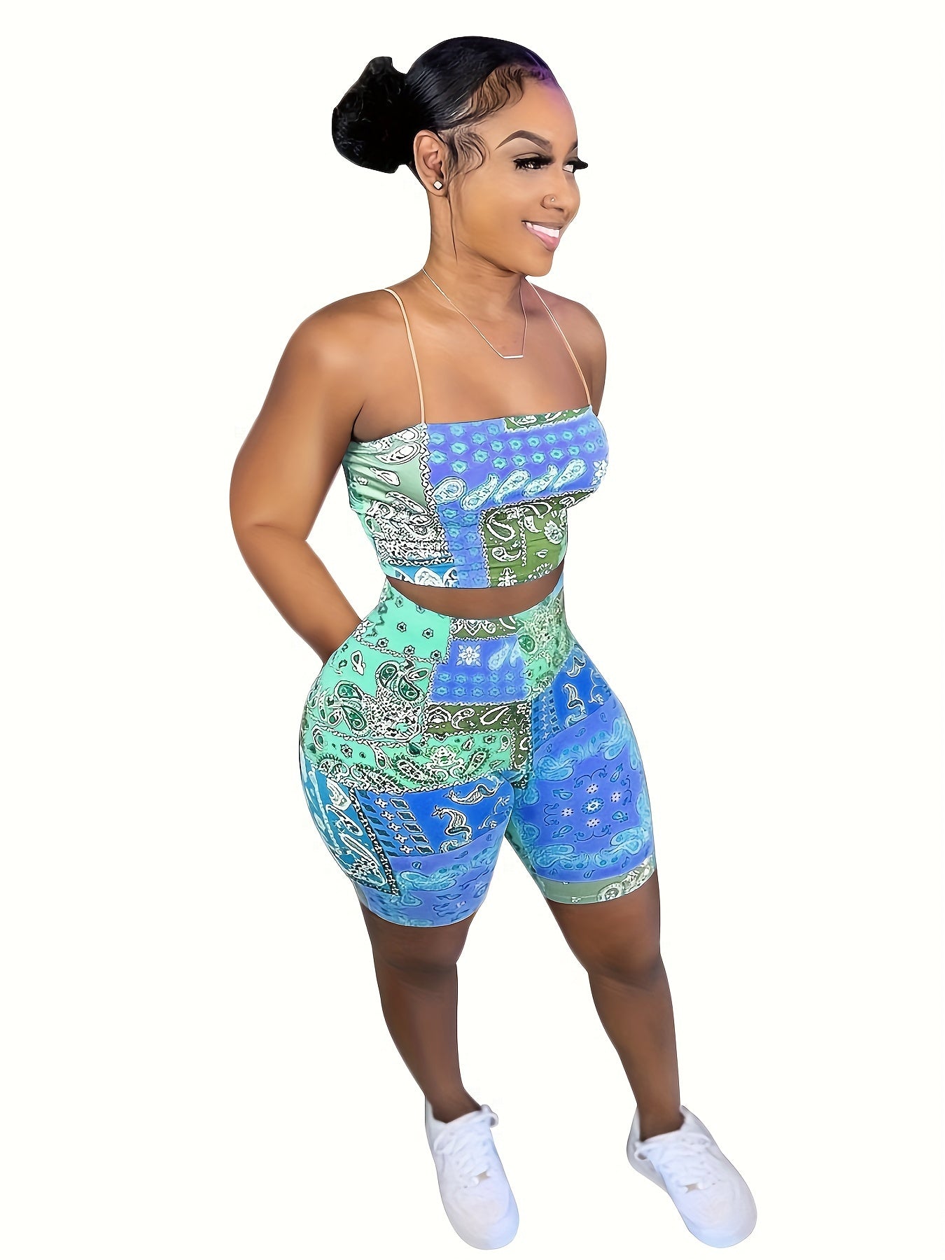 Sexy Paisley Print Two piece Set Crop Cami Top & High Waist Shorts