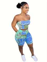 Sexy Paisley Print Two piece Set Crop Cami Top & High Waist Shorts