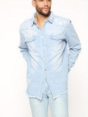 Men's Casual Denim Shirt Turn Down Collar Button Up