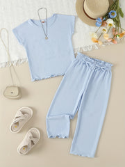 Girl's Ribbed T-shirt & Bowknot Pants Set Summer Outfit