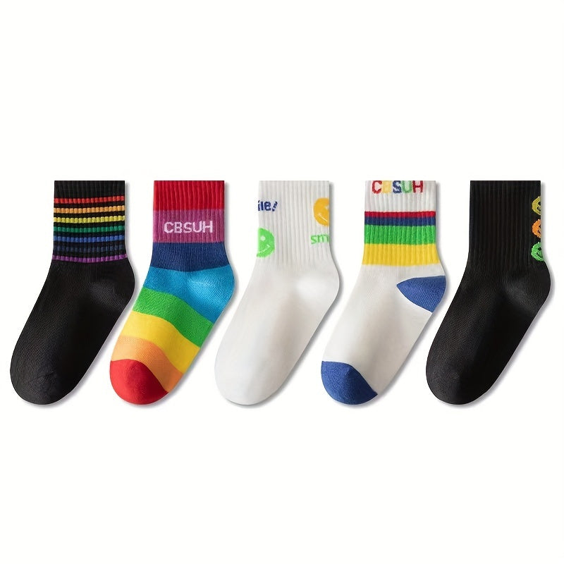 5 Pairs Boys Rainbow Knitted Crew Socks for Autumn Winter