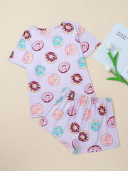 Donut Print Pajamas Set Short Sleeve Crew Neck Top & Shorts