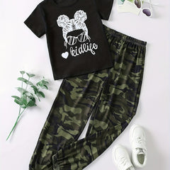 Girl's 2pcs T shirt & Camo Pants Set Sunglasses Print Kids Clothes