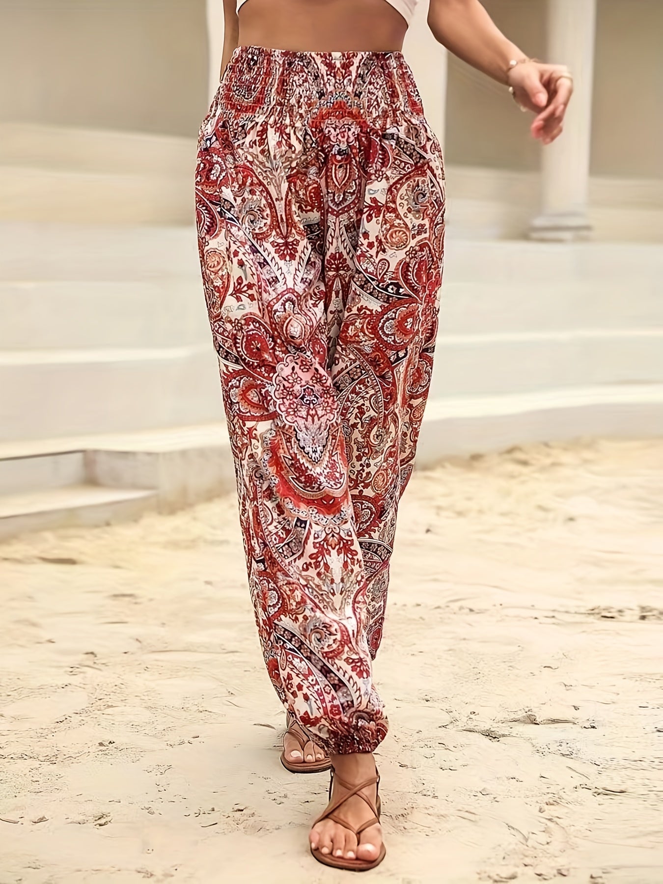 Print Shirred Waist Casual Loose Pants Spring & Summer