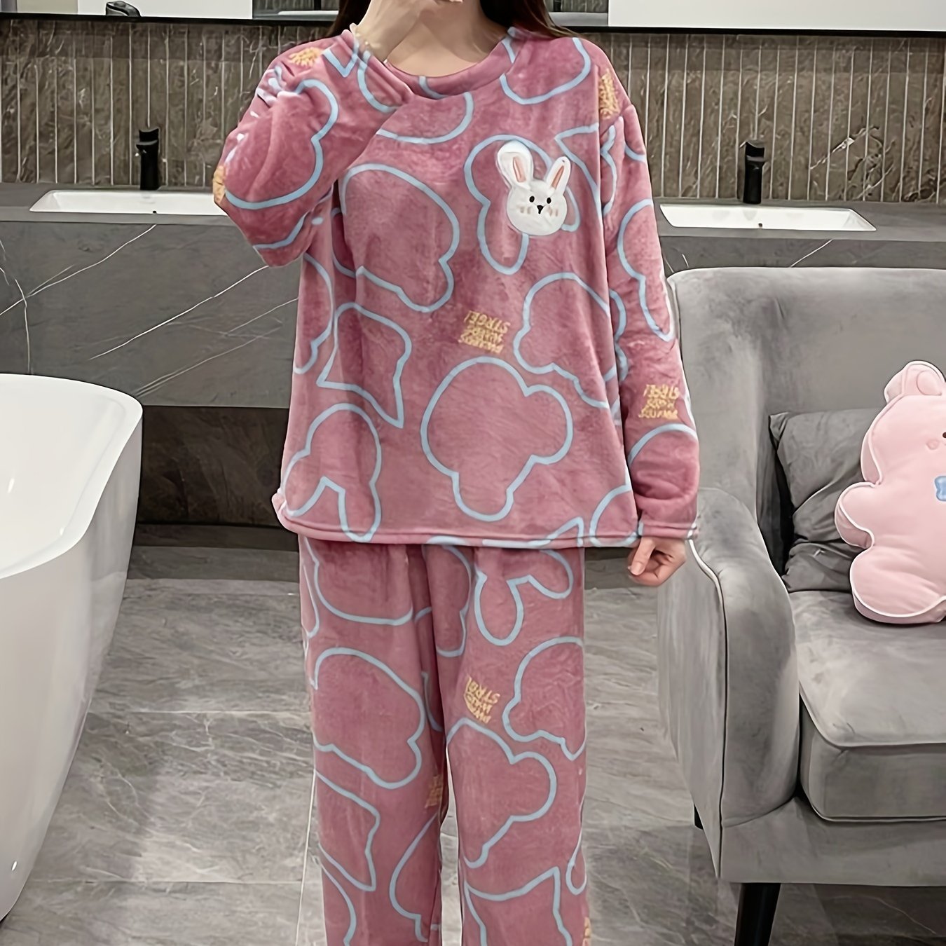 Bunny Print Fuzzy Pajama Set Long Sleeve Crew Neck Top & Elastic Waistband Pants