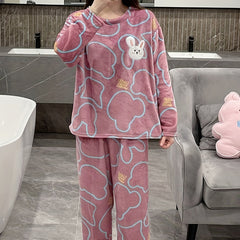 Bunny Print Fuzzy Pajama Set Long Sleeve Crew Neck Top & Elastic Waistband Pants