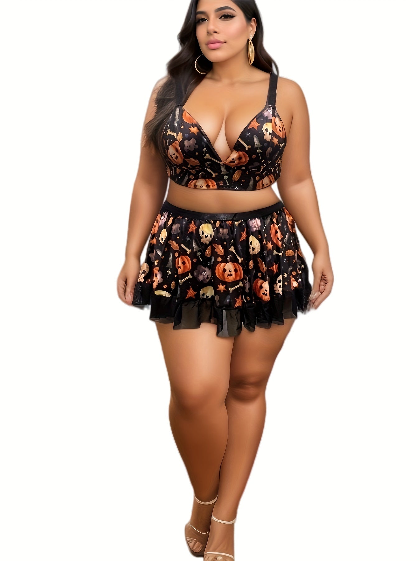 Skull & Pumpkin Print Lace Trim Bra & Skirt Set Halloween Costume