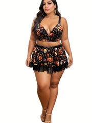 Skull & Pumpkin Print Lace Trim Bra & Skirt Set Halloween Costume