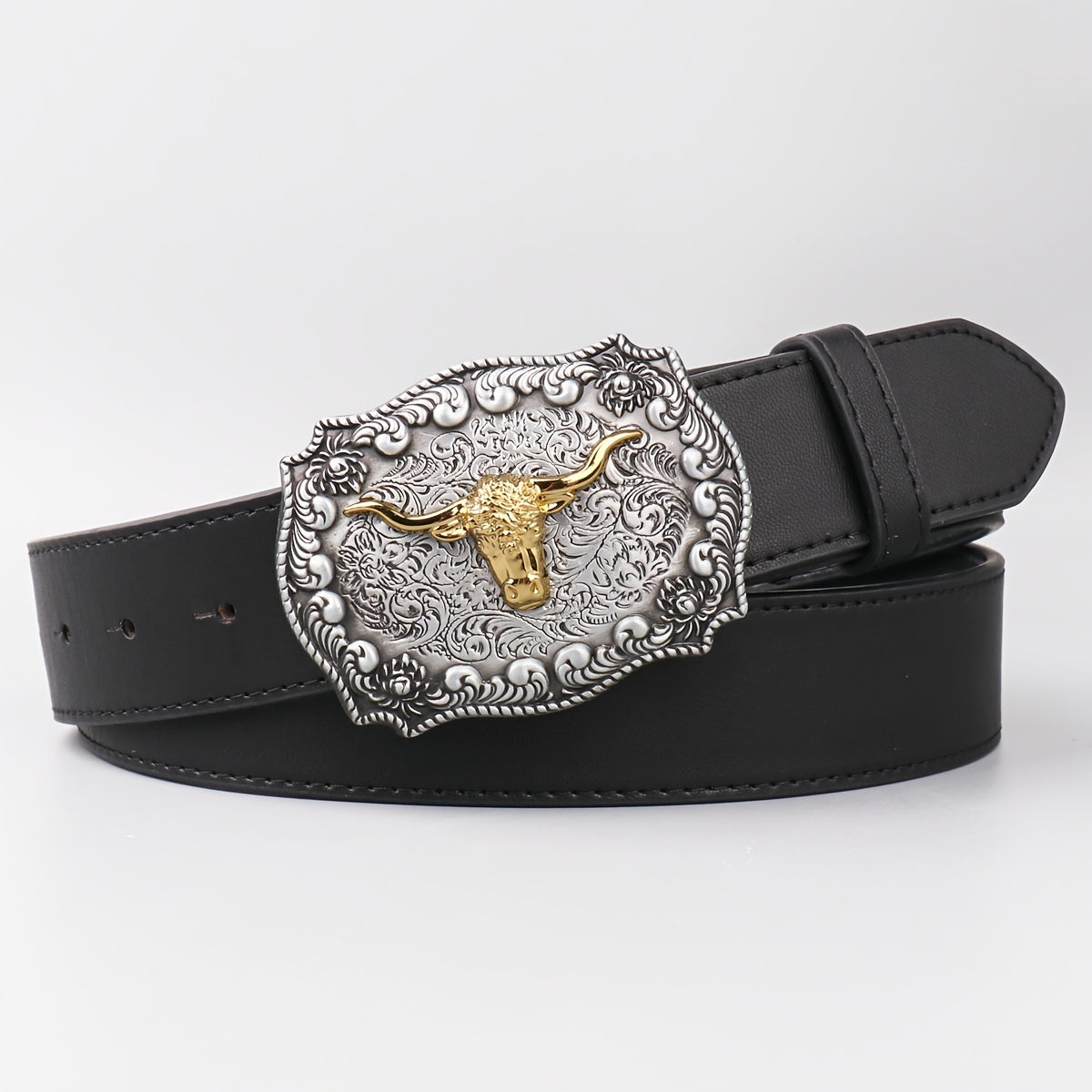 Vintage Western Cowboy Cow Head Men's Belt PU Leather