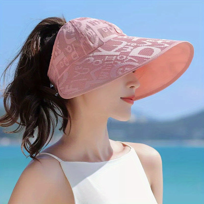 Solid Jacquard Visor Hat Wide Brim Sunscreen Travel Beach Hat for Women
