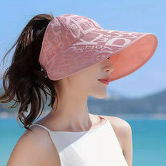 Solid Jacquard Visor Hat Wide Brim Sunscreen Travel Beach Hat for Women