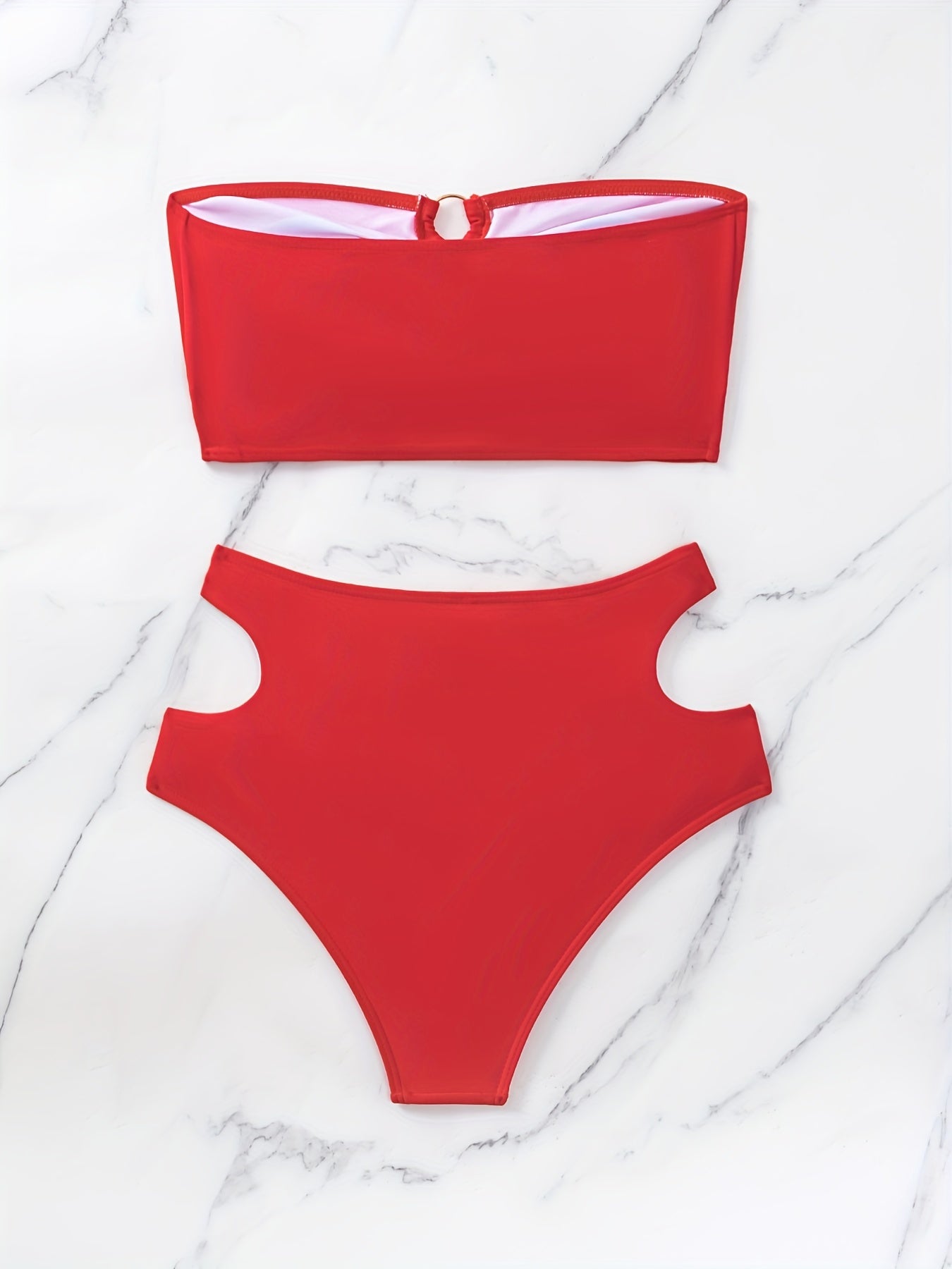 Ring Linked Bandeau Bikini Set Solid Two Piece Swimsuit