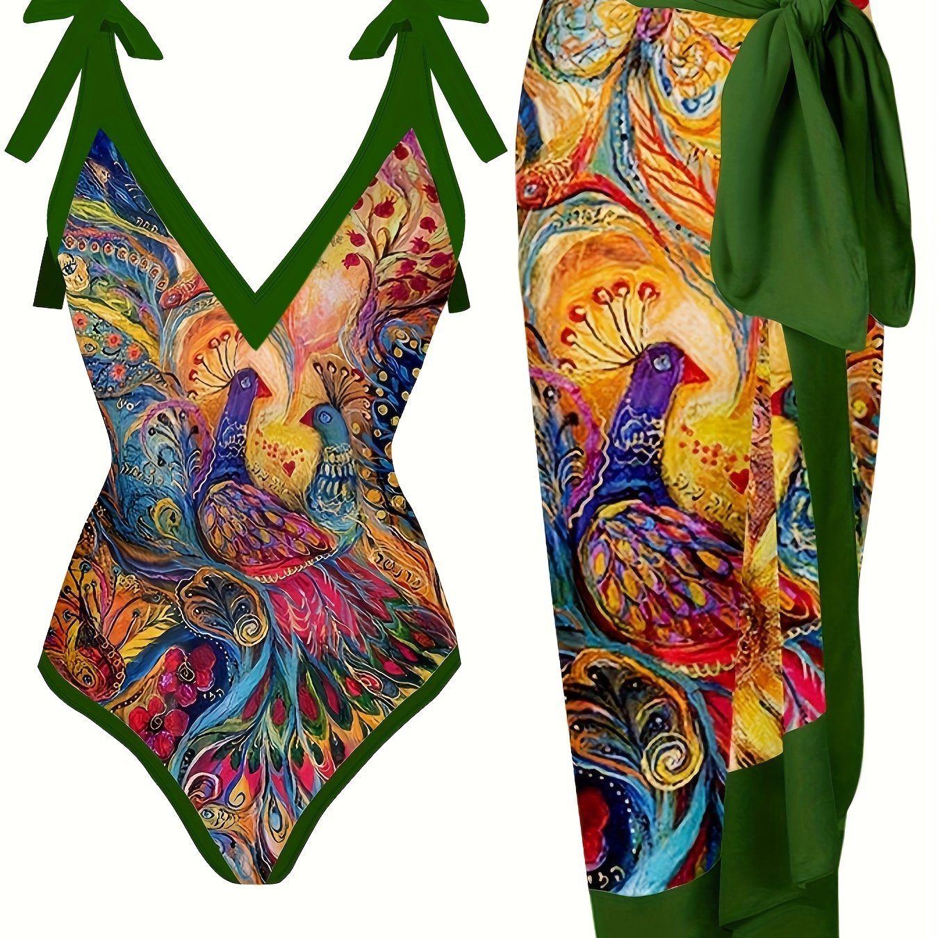 Peacock Print One Piece Swimsuit & Cover Up Skirt Set