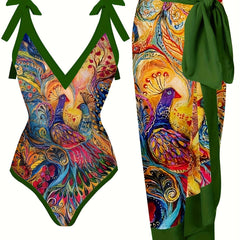 Peacock Print One Piece Swimsuit & Cover Up Skirt Set