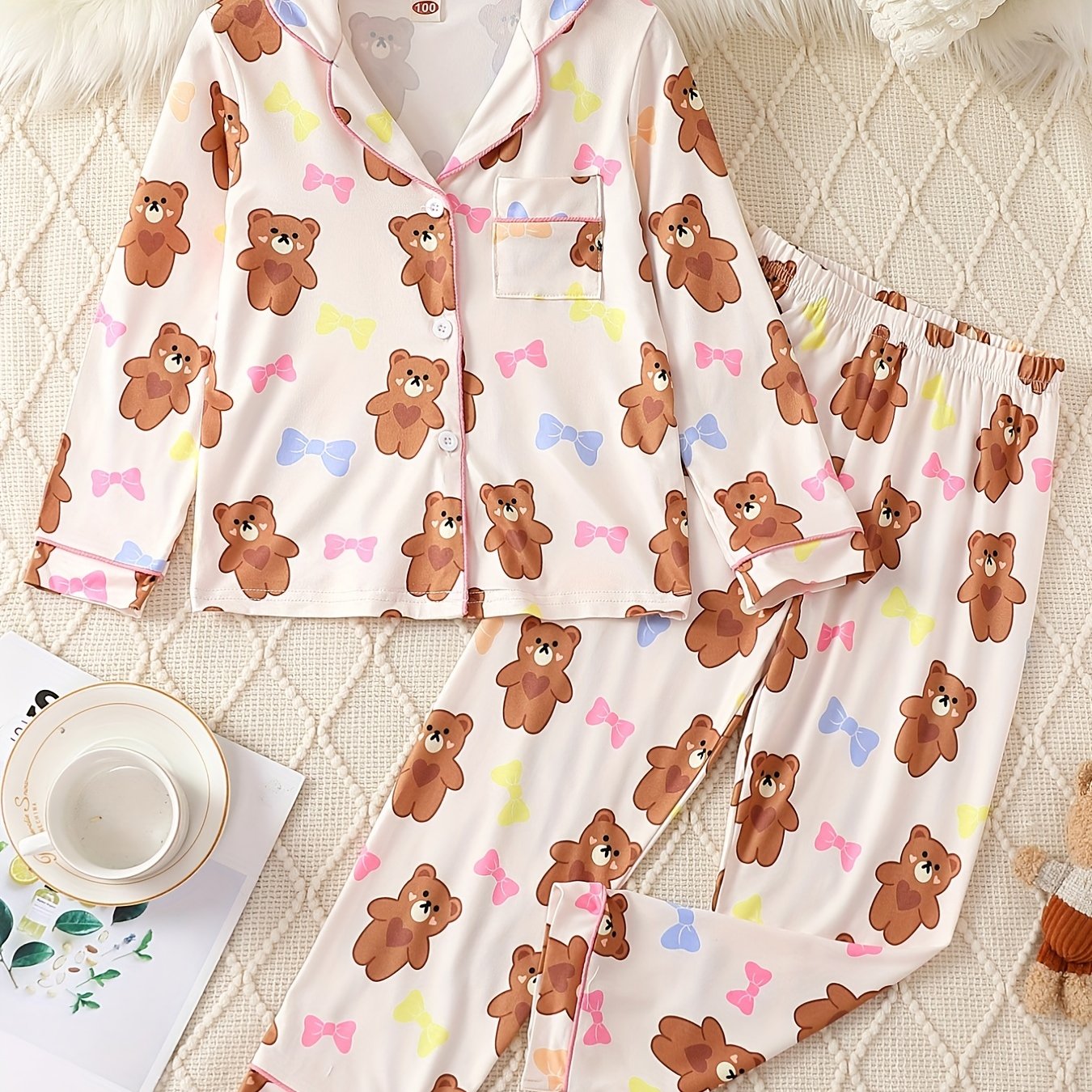 Kid's Bear Print Pajama Set Long Sleeve Top & Pants