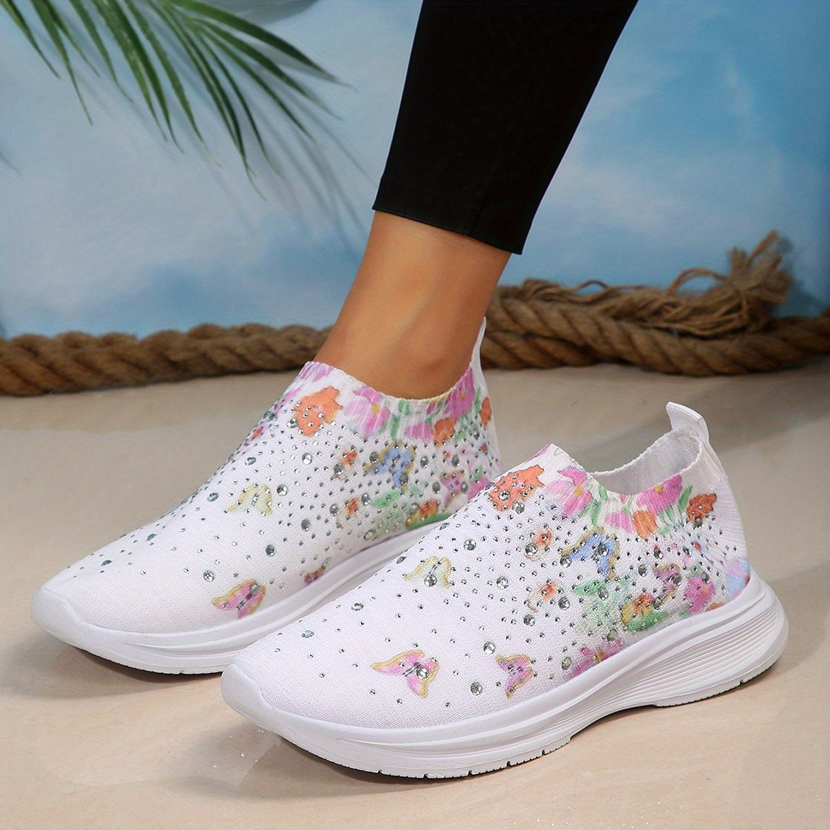 Floral Sneakers with Rhinestone Detail Slip On Low Top Lightweight Running Shoes