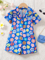 Girls' Floral V Neck Casual Shorts Jumpsuit Kids Spring Summer Fall Romper