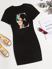 E Print Tee Dress Short Sleeve Crew Neck Casual Dress