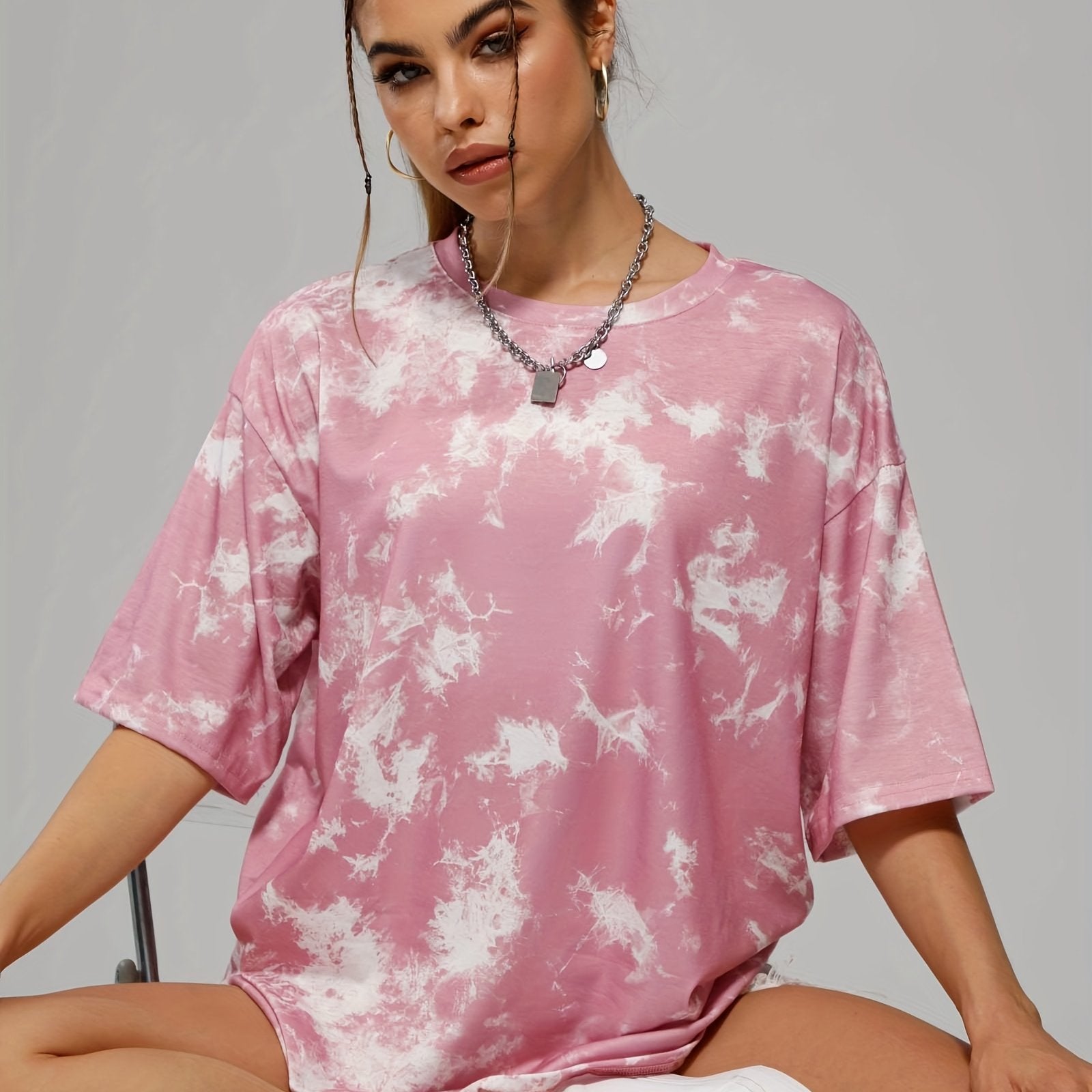 Tie Dye Crew Neck Sports T Shirt Short Sleeve Casual Summer Tee Women's Top