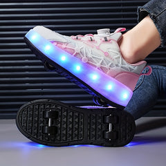 Girl's LED Roller Shoes with Rotating Buckle - Detachable Wheel Skate Sneakers