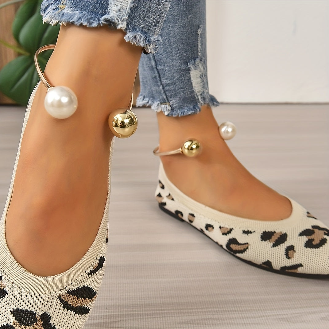 Leopard Printed Point Toe Slip On Flat Shoes with Metallic Strap