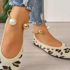 Leopard Printed Point Toe Slip On Flat Shoes with Metallic Strap