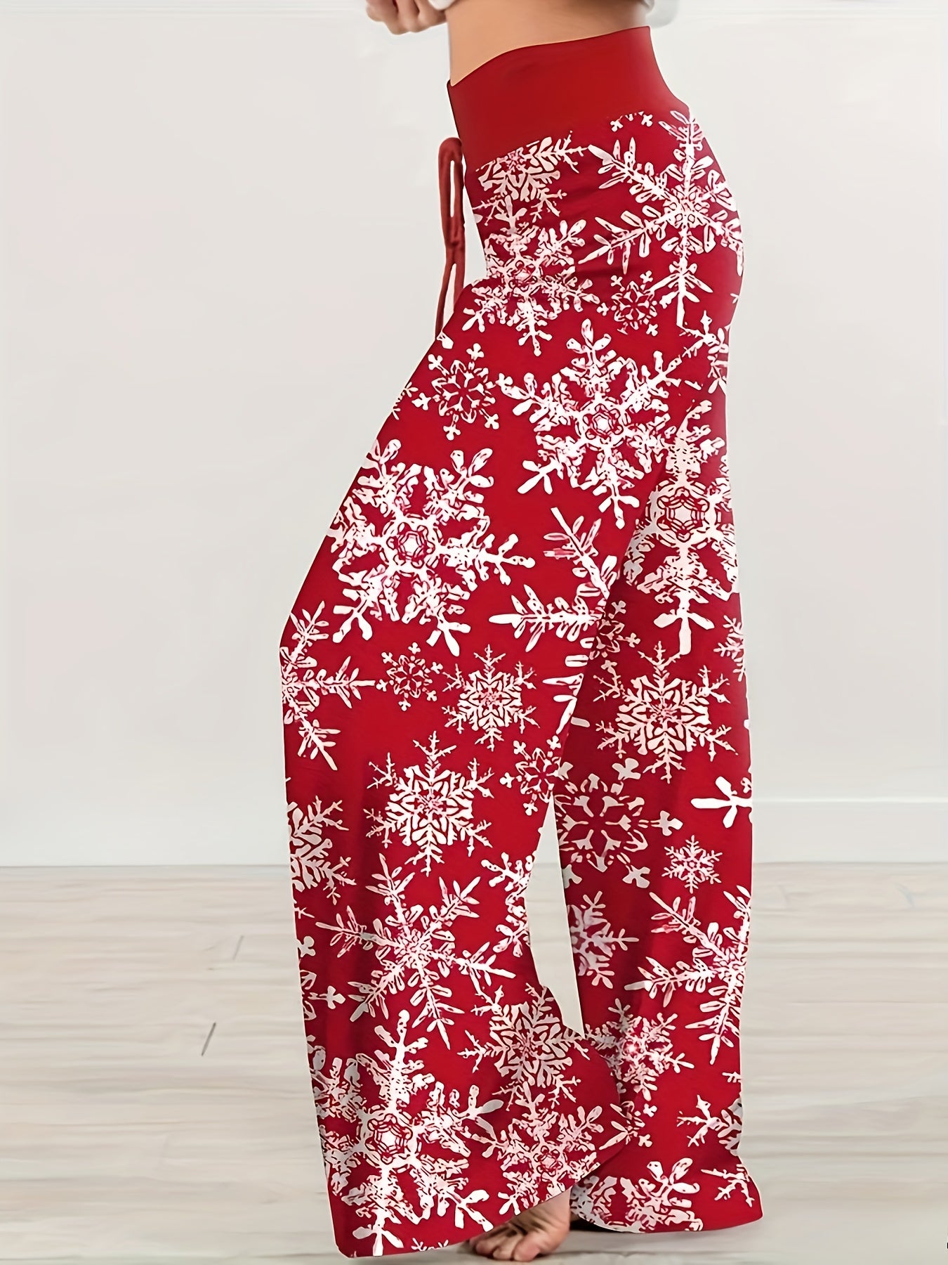 Women's Plus Snowflake Print High Rise Wide Leg Trousers