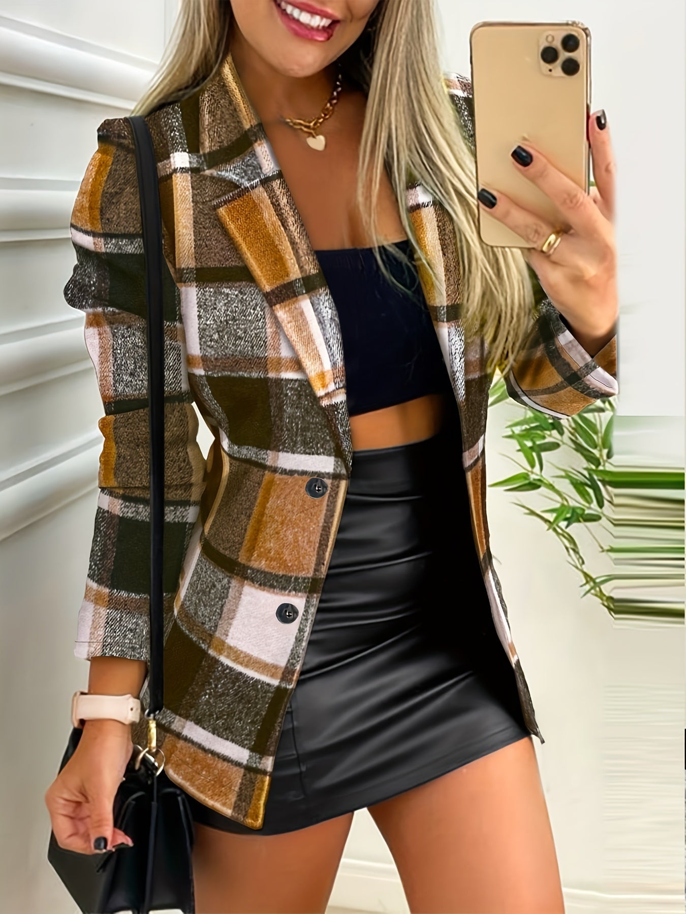 Women's Plus Plaid Print Long Sleeve Blazer
