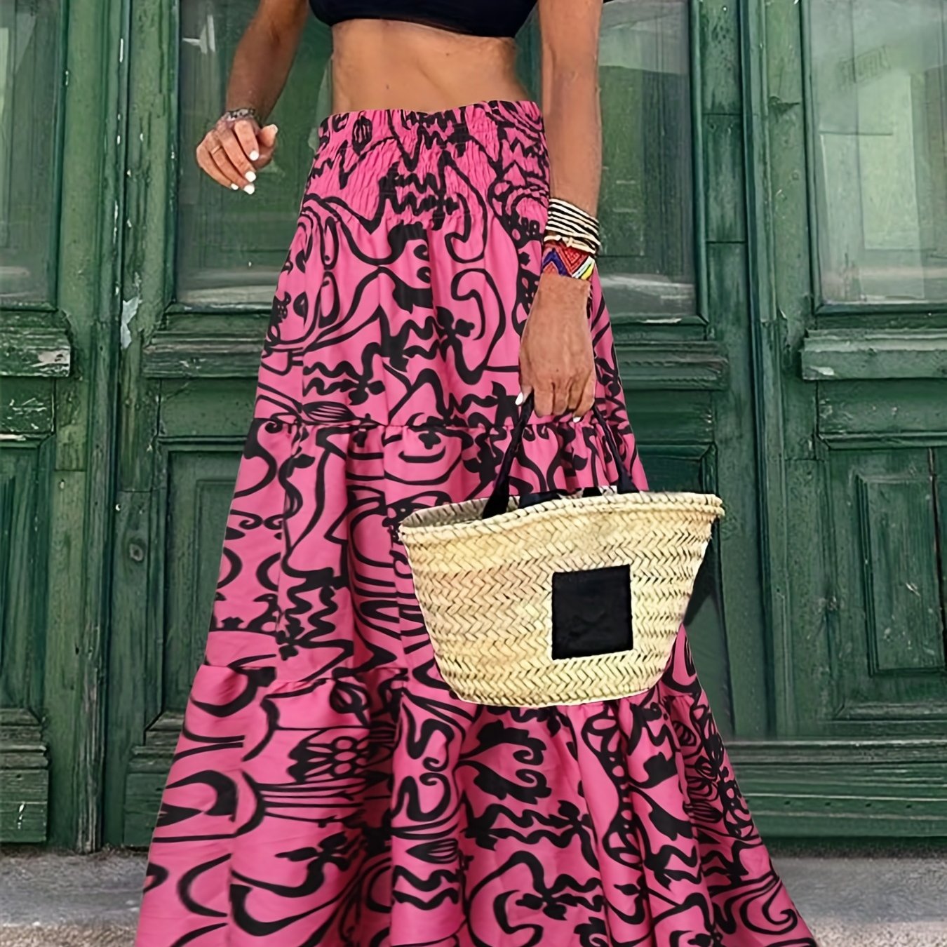 Abstract Print High Waist Boho Maxi Skirt Women's Clothing