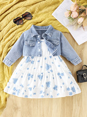 Baby Girls Stylish Denim Short Coat & Floral Print Suspender Dress Set