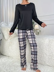 Plaid Print Pajama Set Long Sleeve Top & Pants Women's Sleepwear