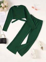 Girls Ribbed Cut Out Top & Flared Pants Set