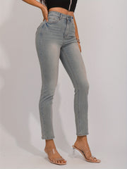 Punk Star Embroidery Skinny Jeans Raw Seam Detail High Rise Stretchy Denim Pants