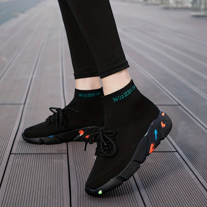 Women's High Top Sock Sneakers Comfy Knit Slip On Lace Up Sports Shoes